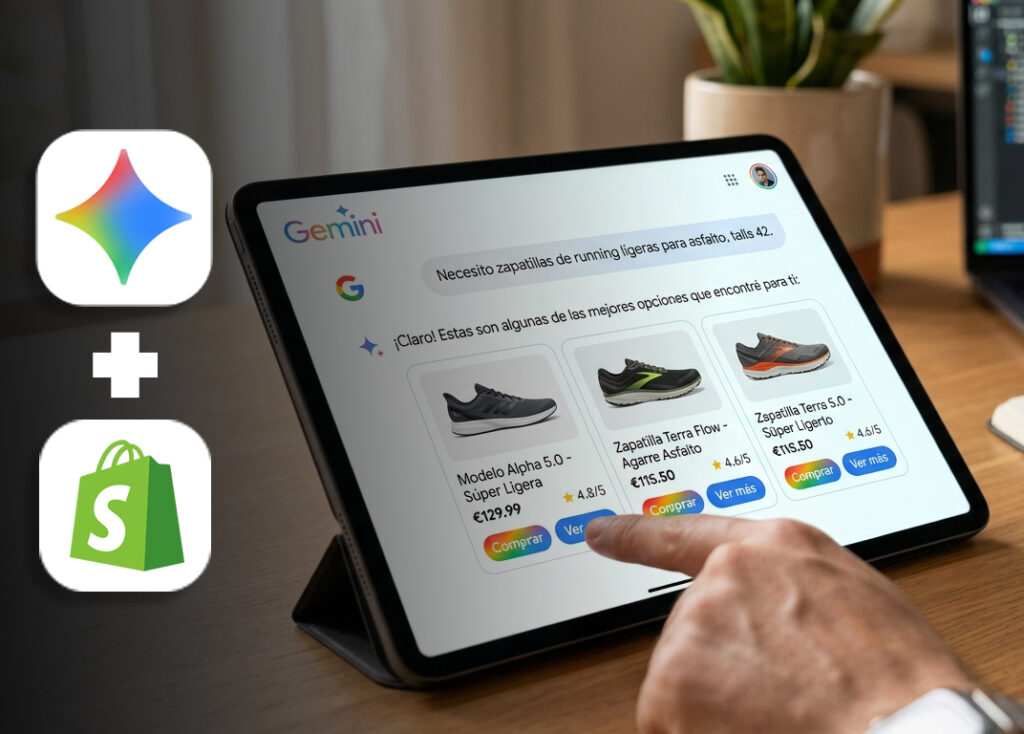 Fotografía de una tablet sobre un escritorio de trabajo mostrando la interfaz de Google Gemini. En la pantalla se lee una consulta en español buscando zapatillas de running ligeras, y la IA responde mostrando tres tarjetas de producto con imágenes de calzado, precios, valoraciones de estrellas y botones de compra. En el fondo difuminado se aprecia una laptop con líneas de código de programación
