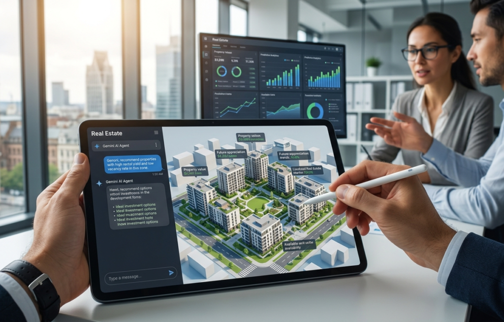 Fotografía en primer plano de las manos de un profesional sosteniendo una tablet y un lápiz digital en una oficina moderna con ventanales hacia la ciudad. La pantalla muestra una interfaz interactiva de Real Estate donde un asistente virtual de IA (Gemini AI Agent) analiza un modelo arquitectónico en 3D de un desarrollo residencial, destacando datos de plusvalía y disponibilidad. Al fondo, una pantalla muestra gráficas de analítica inmobiliaria mientras dos colegas conversan en una reunión de negocios